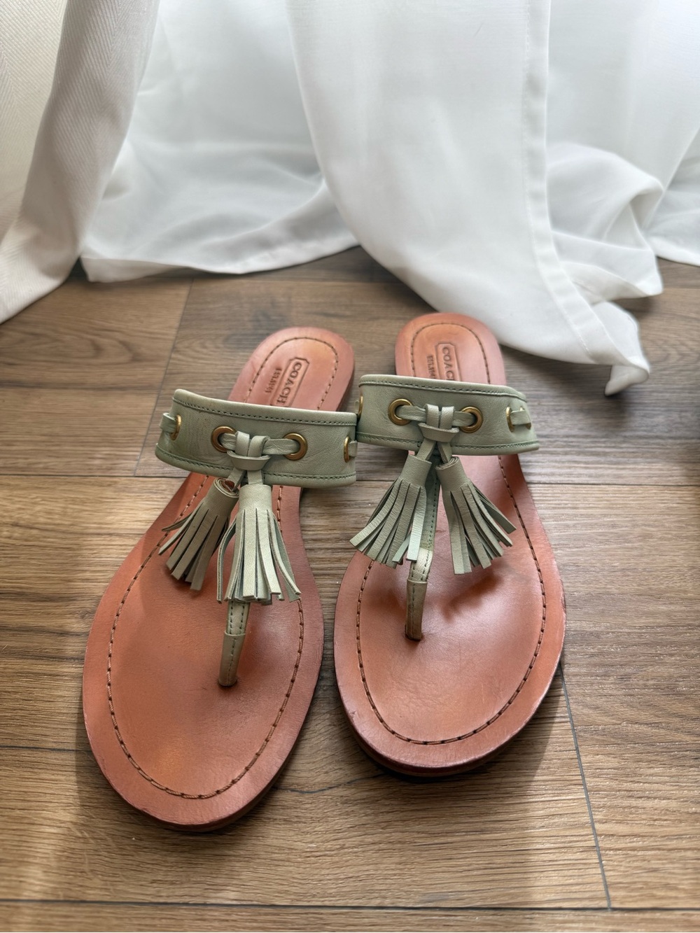 Coach Women's Teal/Green Tassel Leather Thong Sandals with Tan Footbed